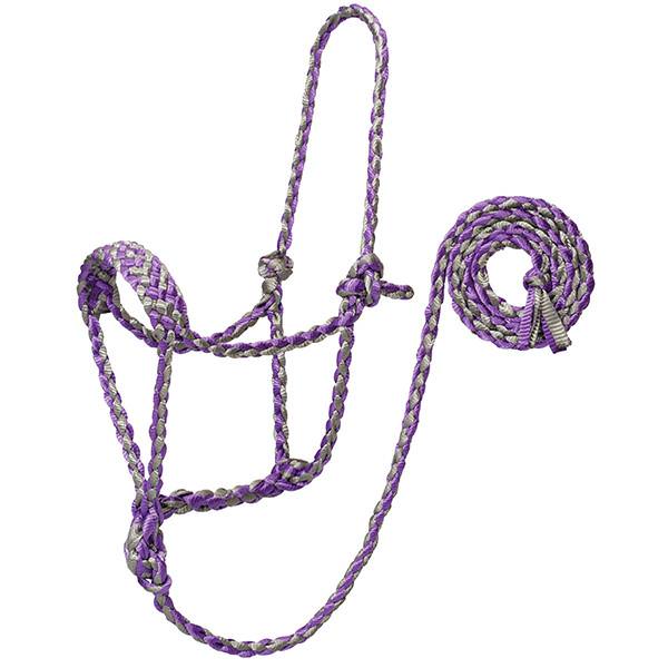 A braided rope halter for horses with a lead, purple and gray in color, on a white background.