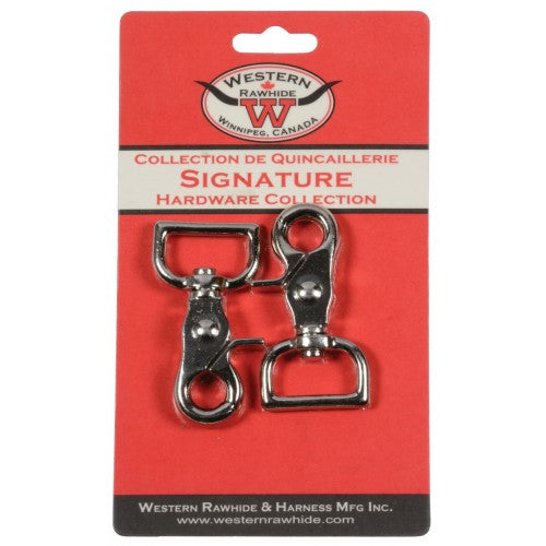 Two metal clasp hardware on a Western Rawhide & Harness Mfg Inc. packaging.
