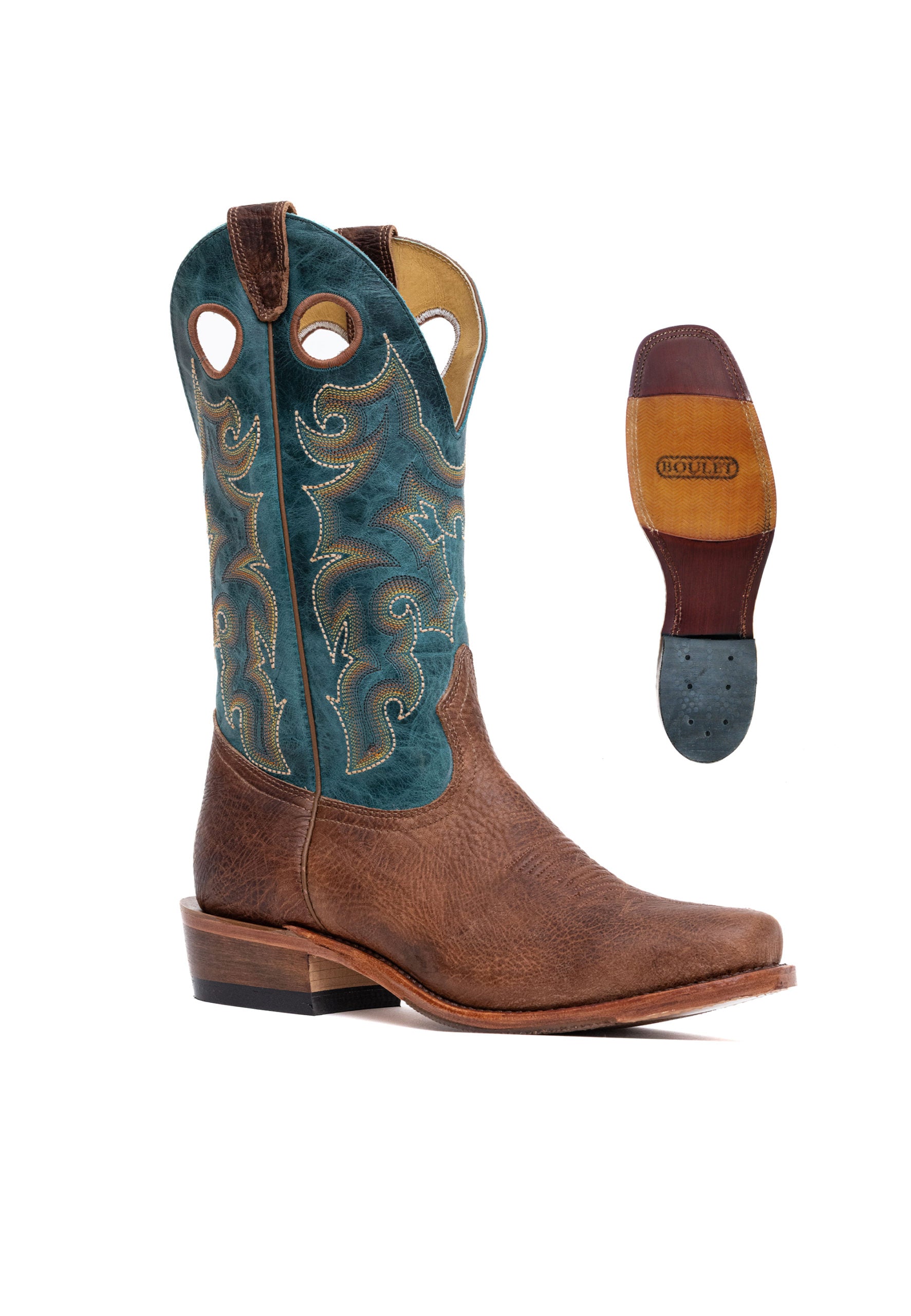 a blue and brown cowboy boot with pull holes and a narrow toe, on a white background. There is an image of the bottom of the boot as well with 'Boulet' written on it.