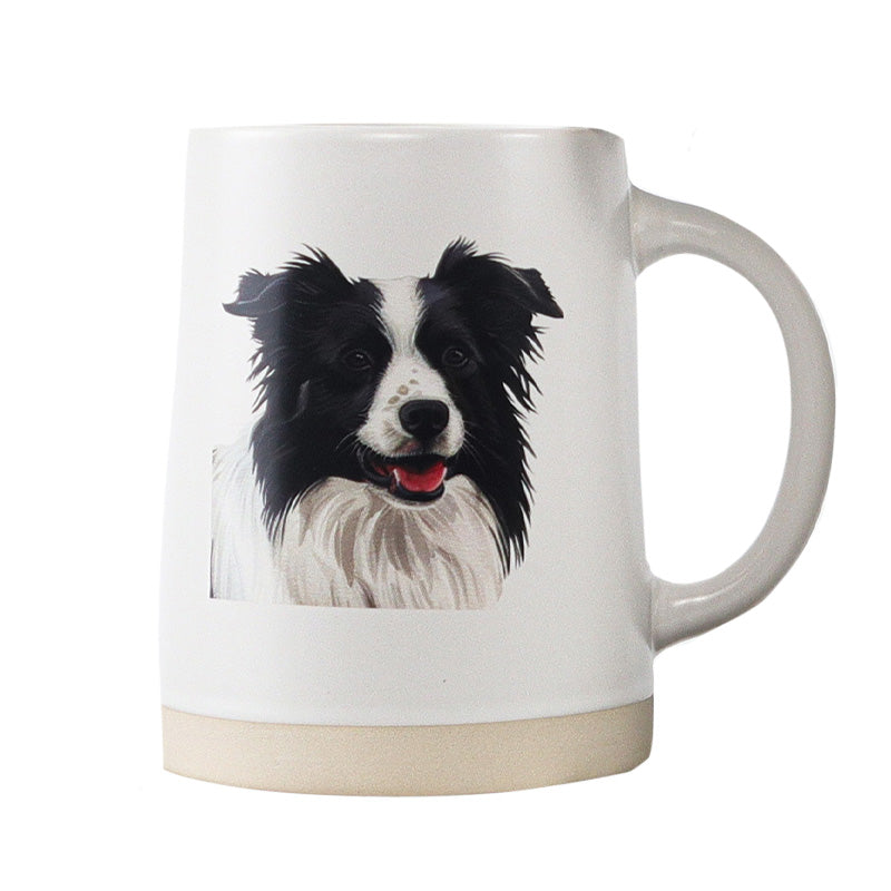 white coffee mug from Koppers with a Border Collie on it on a white background