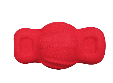 Red dog toy shaped like a bone with 'Jolly Pets' branding on a white background