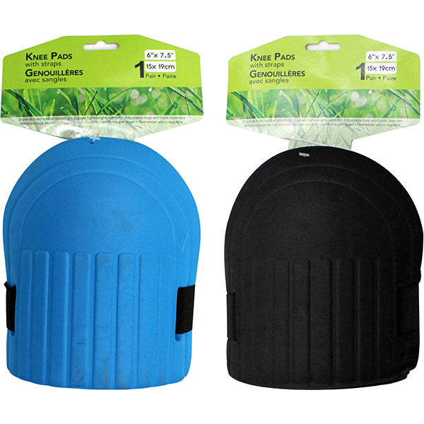 Two knee pads, one blue and one black, with packaging on a white background.