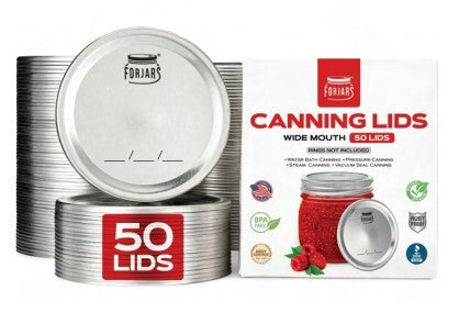 A pack of ForJars wide-mouth canning lids, shown with several stacked silver metal lids on the left and the retail box on the right against a white background.