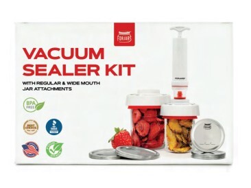 For Jars Vacuum Sealer Kit retail box, featuring a white background with red and black text, product illustrations of two vacuum-sealed jars with lids, and several small certification icons on the left side.