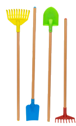 Set of four gardening tools with wooden handles and colorful heads on a white background