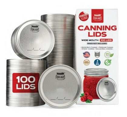 A pack of Forjars wide-mouth canning lids, shown with several stacked silver metal lids, two loose lids, and the retail box on a plain white background.
