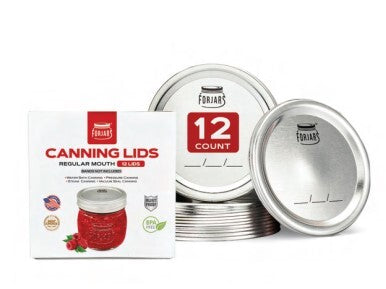 For jars Canning Lids Regular Mouth 12 count set, showing the product packaging box, a stack of silver metal lids, and one lid displayed upright on a white background.