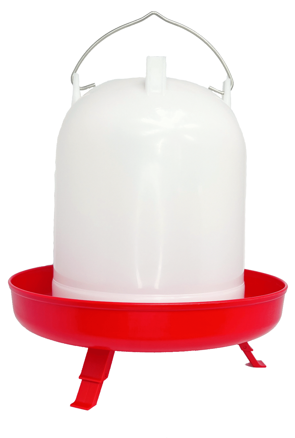 Red plastic chicken feeder with a white container on a white background