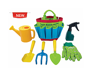 Colorful gardening tool set with a tote, watering can, gloves, and tools on a white background.