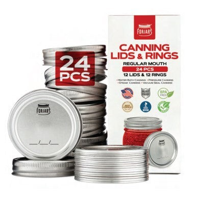 For Jars 24-piece canning lids and rings set, featuring stacks of silver metal lids and rings alongside the white retail packaging box on a clean white background.