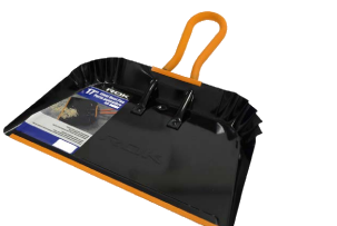 a black and orange metal dustpan