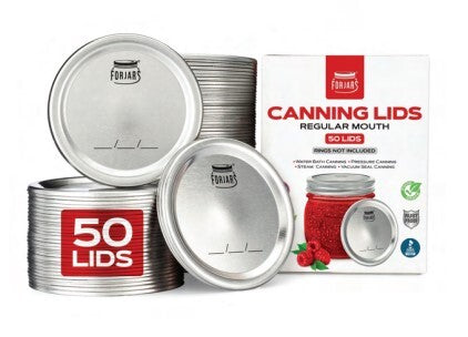 A set of For jars canning lids, including two stacked silver metal lids, one loose silver lid with a red '50 LIDS' label, and the product packaging box on a white background.