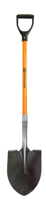 Shovel with a black head and orange handle on a white background