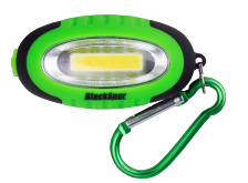 A green and black portable LED lantern with a built-in carabiner, shown on a plain white background.