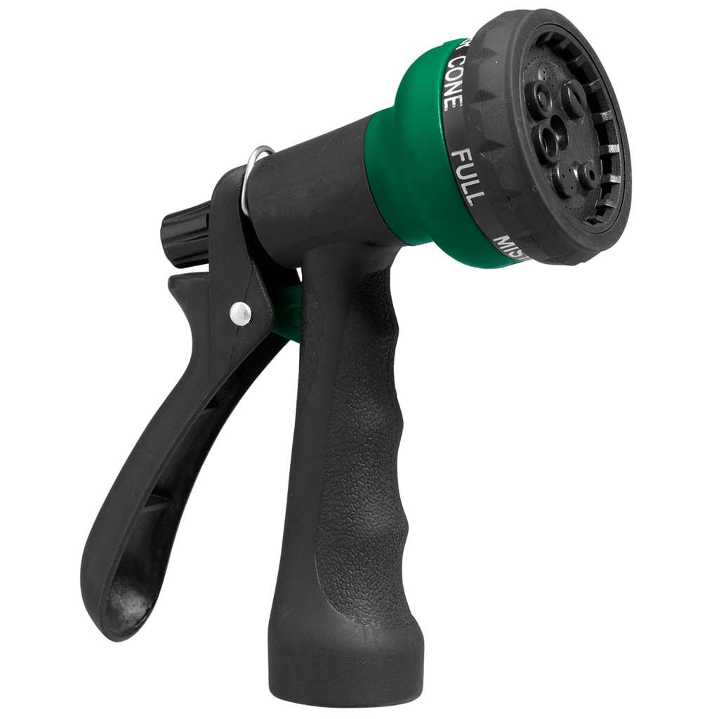 Black and green garden hose nozzle on a white background