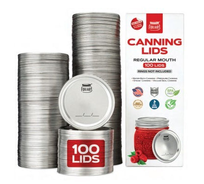 A pack of Foriars stainless steel canning lids, shown with three stacks of silver metal lids, one loose lid, one jar lid sealed, and the retail box on a white background.