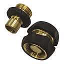 Two brass and black plumbing connectors on a white background