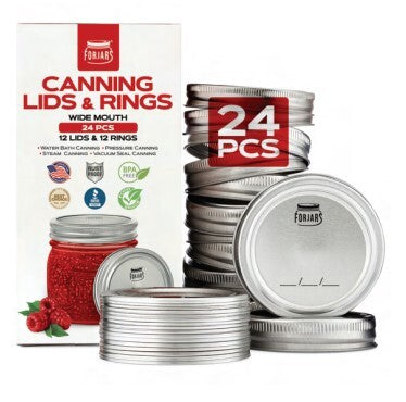 A set of silver metal canning lids and rings with a white retail box labeled 'Canning Lids & Rings' and a red '24 PCS' badge. The silver rings are stacked and displayed in front of the box on a white background.