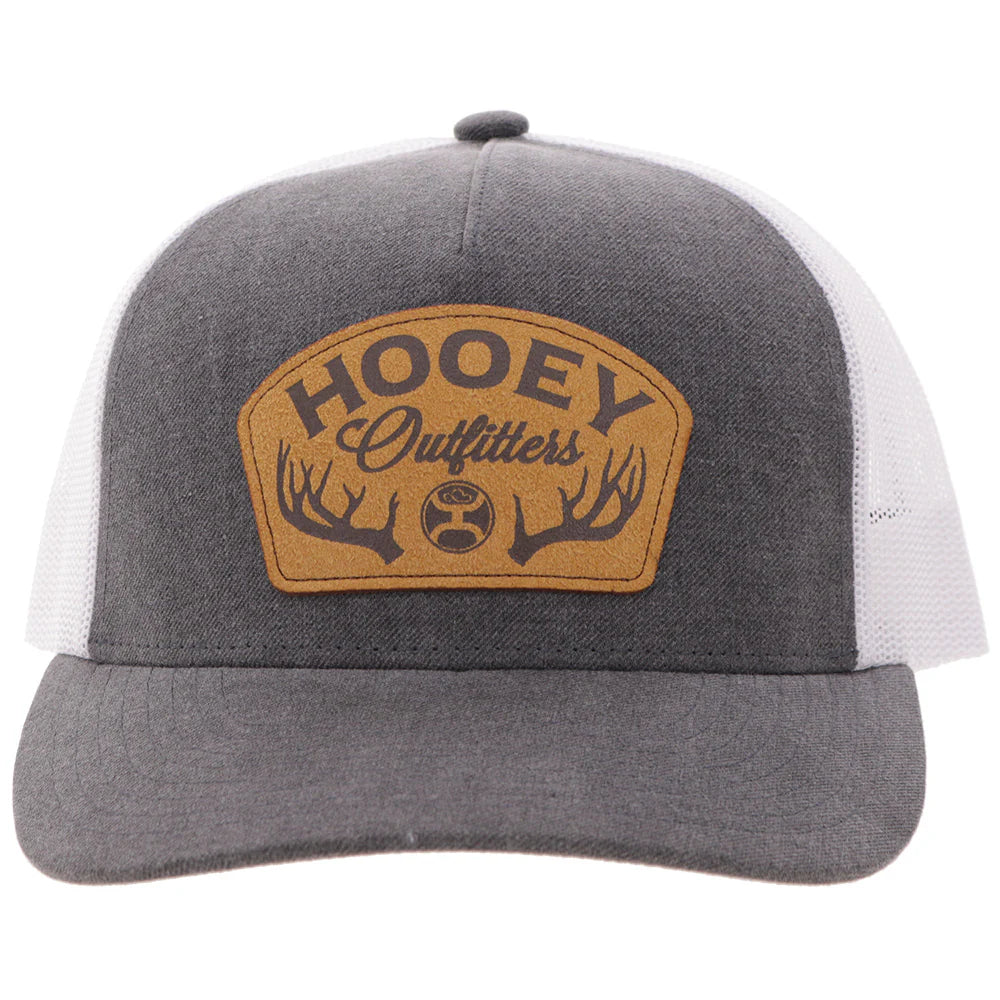 Gray and white cap with a brown leather patch featuring 'Hooey Outfitters' on a white background