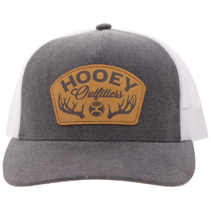 Gray and white cap with a brown leather patch featuring 'Hooey Outfitters' on a white background