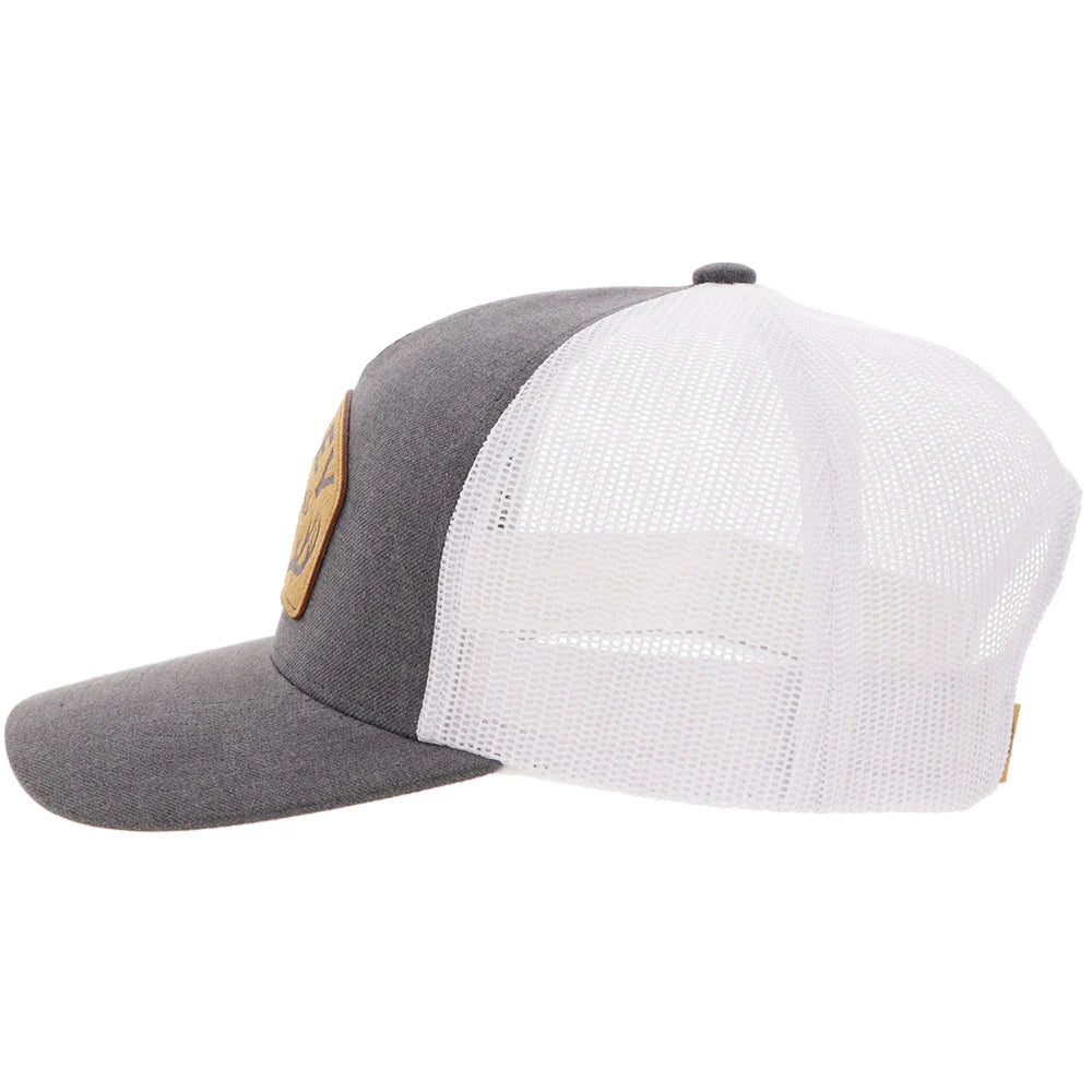 Gray and white Hooey cap with a patch on a white background