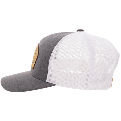 Gray and white Hooey cap with a patch on a white background