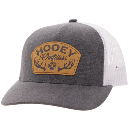 Gray and white cap with a brown leather patch featuring 'Hooey Outfitters' on a white background