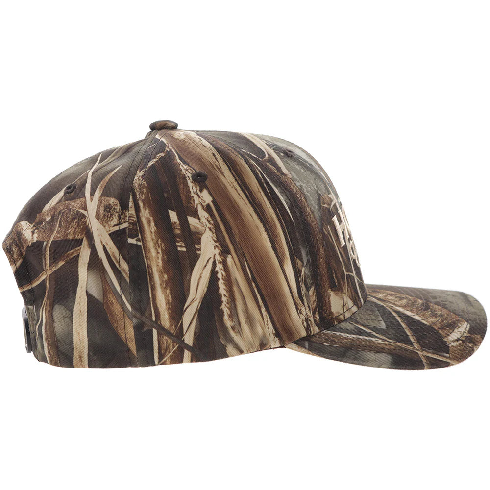 Camouflage cap with 'Hooey Outfitters' logo on a white background