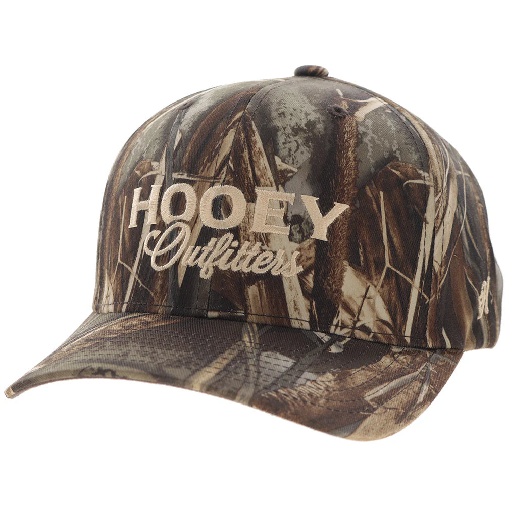 Camouflage cap with 'Hooey Outfitters' logo on a white background