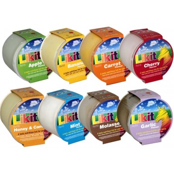 A collection of Likit Refill containers in various flavors such as Apple, Barn, Carrot, Cherry, Honey & Mint, Molasses & Garlic, and Honey & Camel.