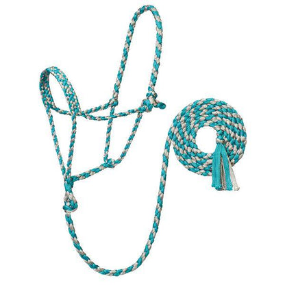A braided rope halter for horses with a lead, turquoise and gray in color, on a white background.