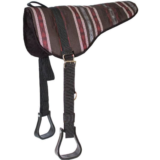 A black and brown Mustang Cordura bareback pad with a fleece bottom and adjustable stirrup straps.