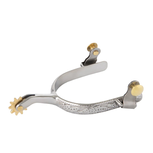 Silver colored spur with gold accents and engraved detail on a white background