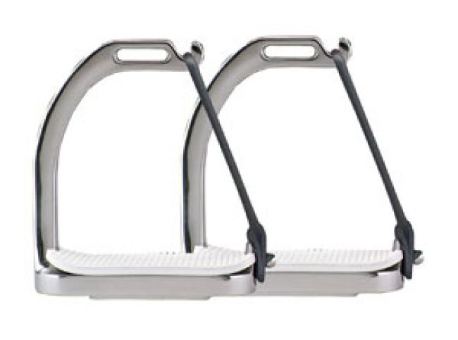 Two metallic horse stirrups with black straps and white textured footbeds, shown against a plain white background.