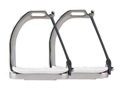 Two metallic horse stirrups with black straps and white textured footbeds, shown against a plain white background.
