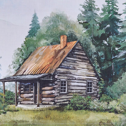 Log cabin in a forest setting with a rusted metal roof.