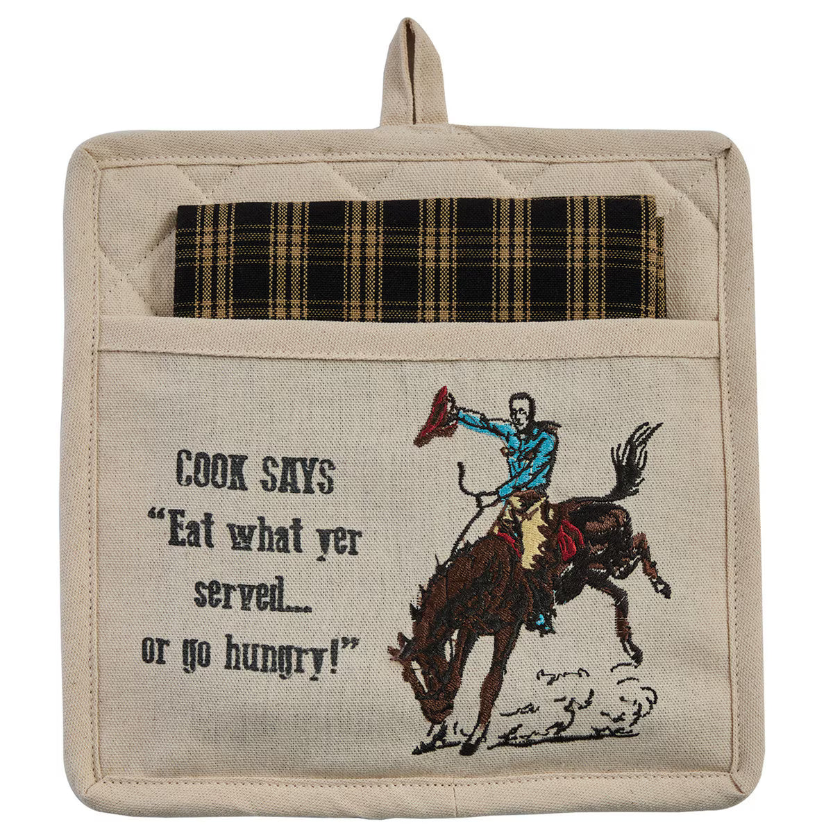 Potholder with cowboy graphic and text on a beige background