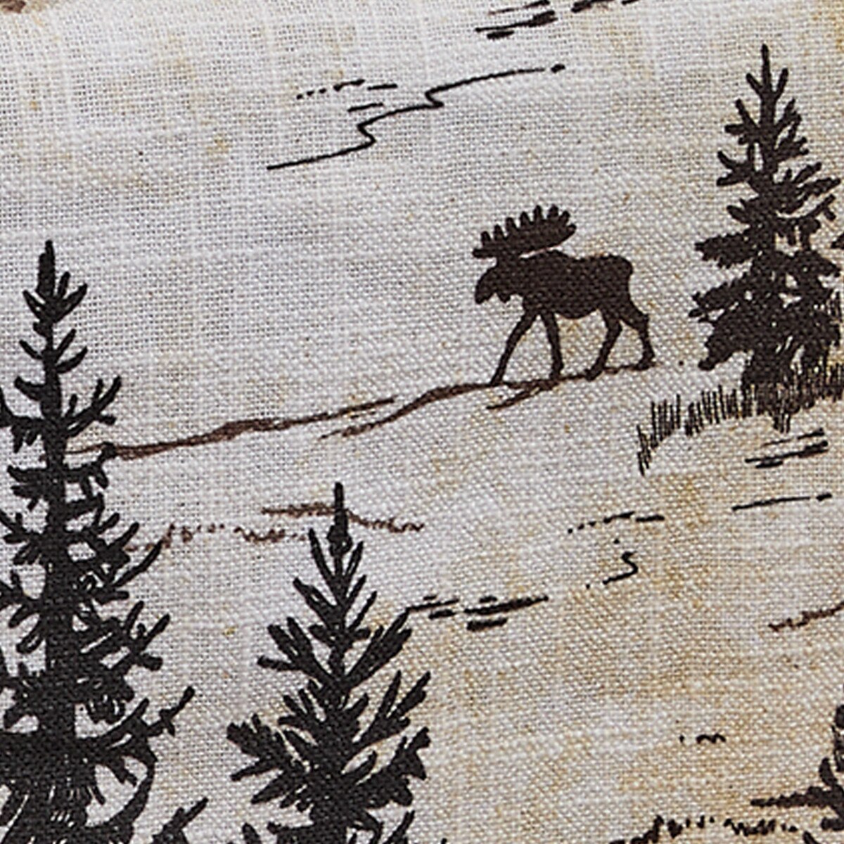 Fabric with moose and pine tree pattern on a beige background