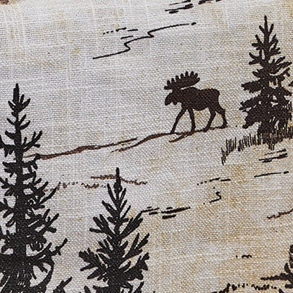 Fabric with moose and pine tree pattern on a beige background