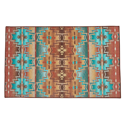 Multicolored patterned rug with geometric design on a white background