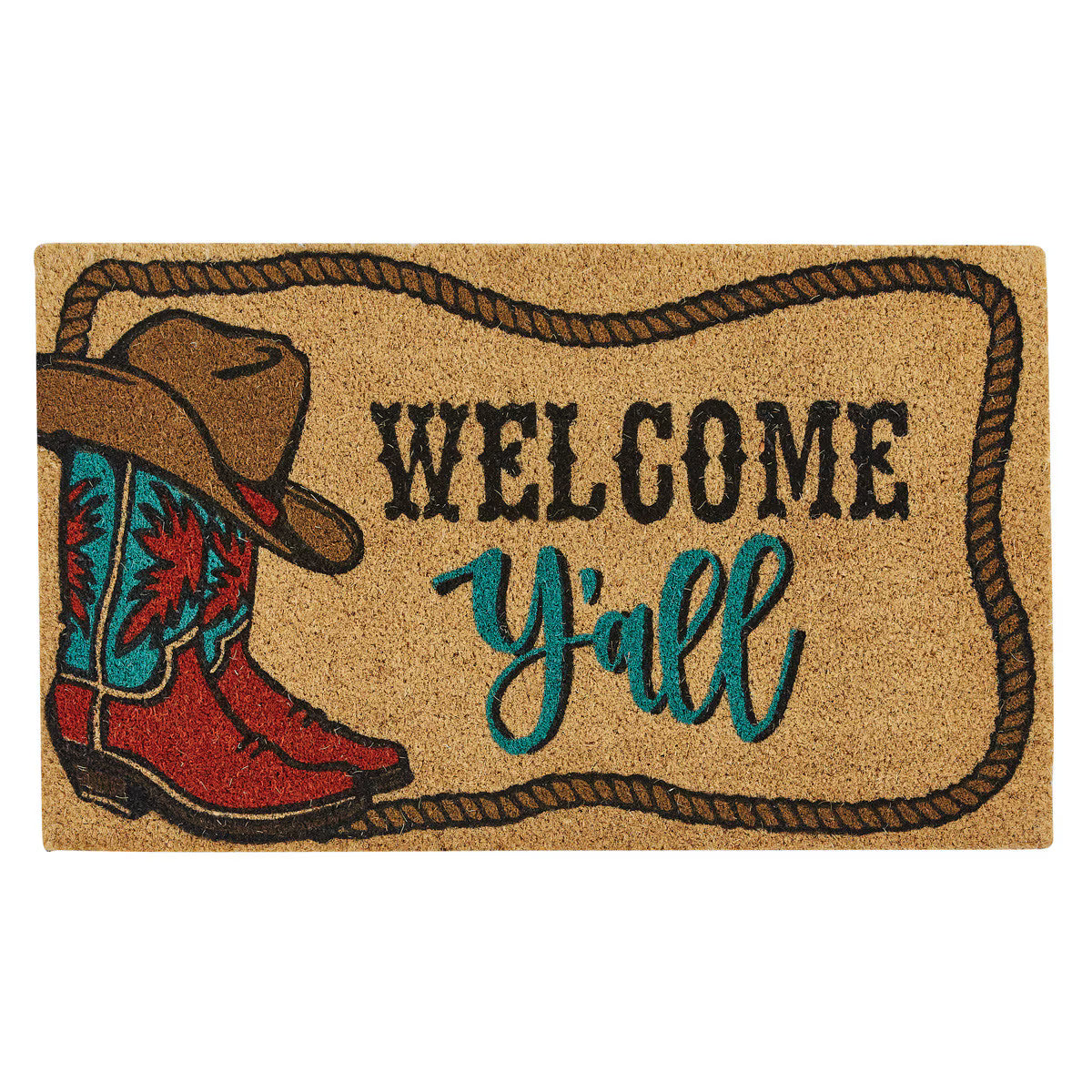 Doormat with cowboy hat and boots design and 'Welcome Y'all' text on a white background