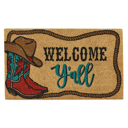 Doormat with cowboy hat and boots design and 'Welcome Y'all' text on a white background