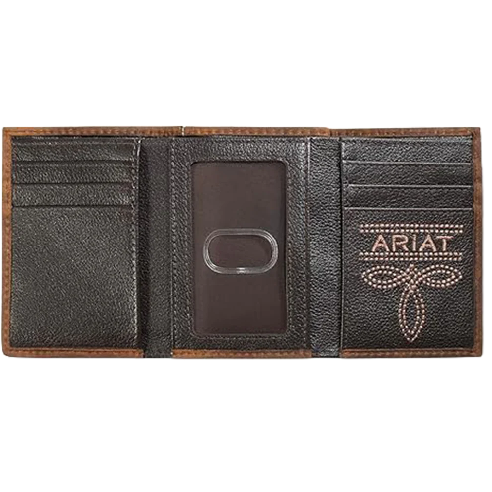Brown leather wallet with Ariat branding on a white background