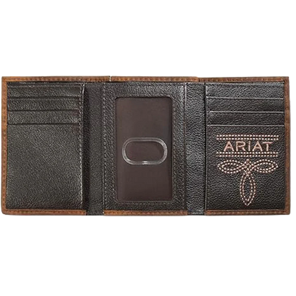 Brown leather wallet with Ariat branding on a white background