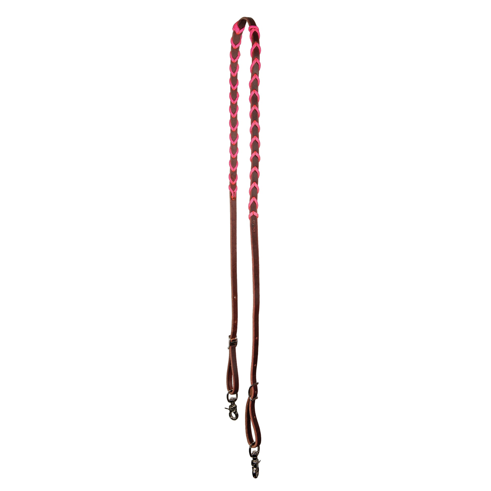 A pony-sized rein with leather and paracord lacing, equipped with trigger snaps on both ends and Conway buckles for length adjustment.