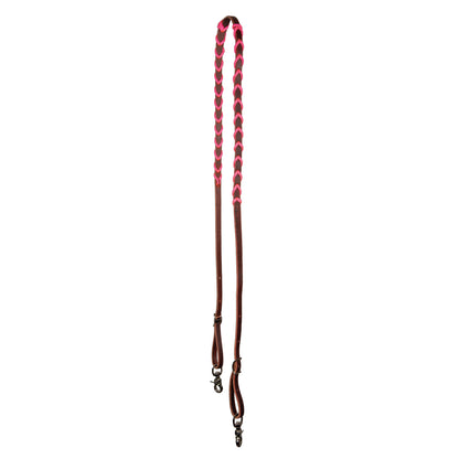 A pony-sized rein with leather and paracord lacing, equipped with trigger snaps on both ends and Conway buckles for length adjustment.