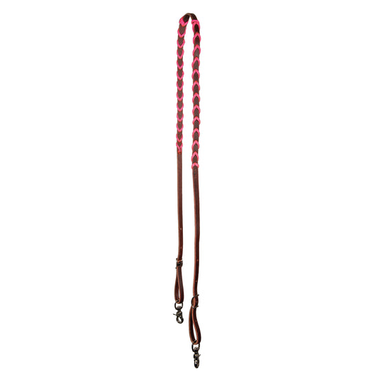 A pony-sized rein with leather and paracord lacing, equipped with trigger snaps on both ends and Conway buckles for length adjustment.
