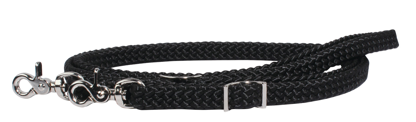 A black braided roping rein with nickel plated trigger snaps on both ends and adjustable Conway buckles.