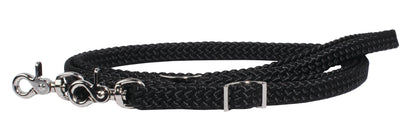 A black braided roping rein with nickel plated trigger snaps on both ends and adjustable Conway buckles.
