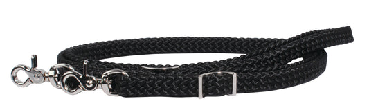 A black braided roping rein with nickel plated trigger snaps on both ends and adjustable Conway buckles.